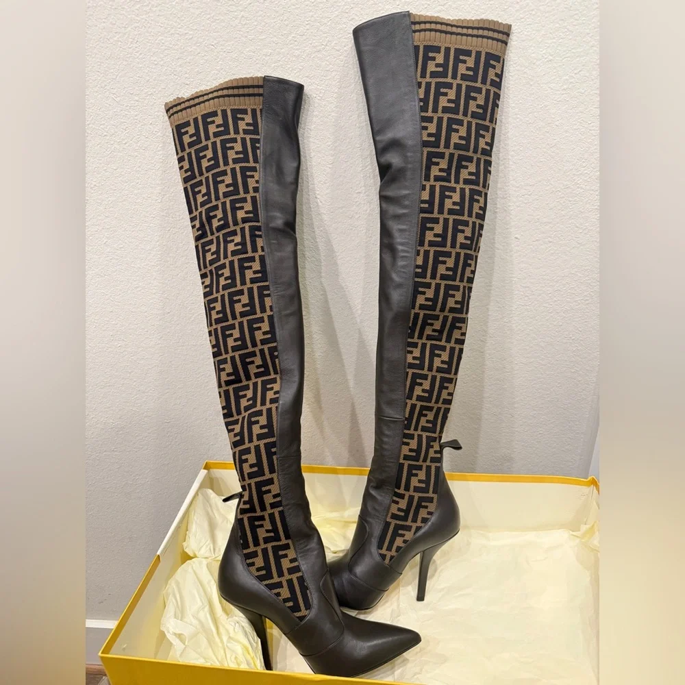 Fendi Rockoko Over the Knee Boots w FF Pattern leather sole ebano tabacco nero